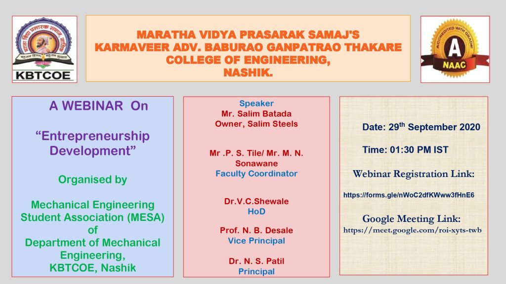 Department of Mechanical Engg. organizing webinar on “Entrepreneurship ...